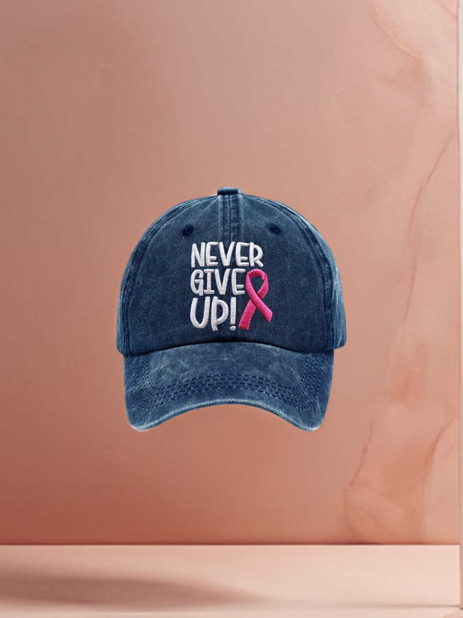 Never Give Up Rosa Ribbon Conciencia del Cáncer de Mama Imprimir Gorra de Béisbol