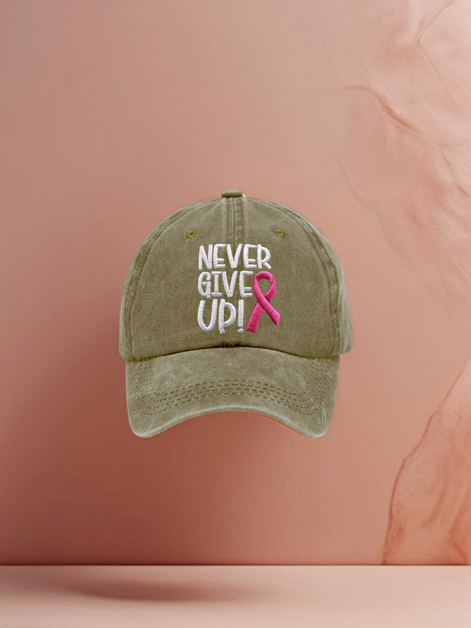 Never Give Up Rosa Ribbon Conciencia del Cáncer de Mama Imprimir Gorra de Béisbol