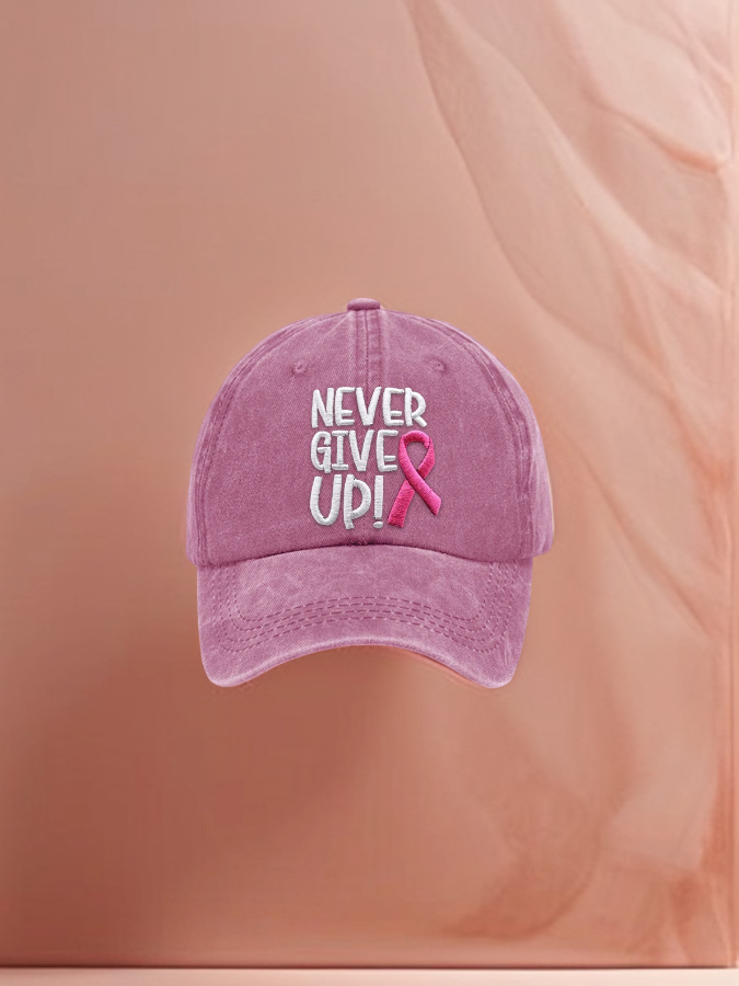 Never Give Up Rosa Ribbon Conciencia del Cáncer de Mama Imprimir Gorra de Béisbol