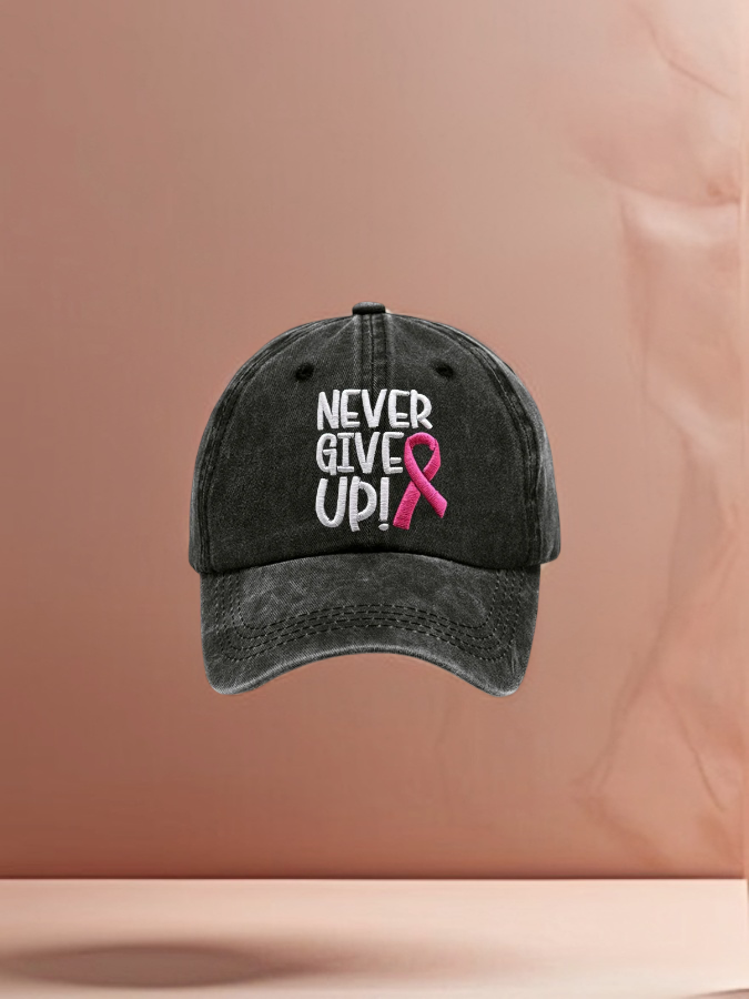 Never Give Up Rosa Ribbon Conciencia del Cáncer de Mama Imprimir Gorra de Béisbol