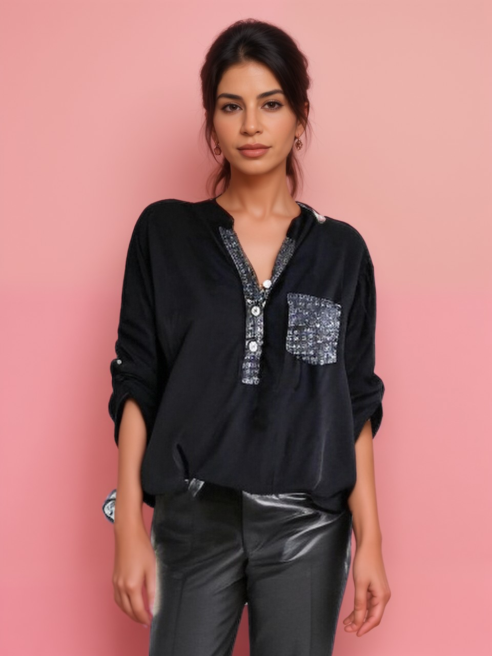 Top Casual con Patchwork y Lentejuelas