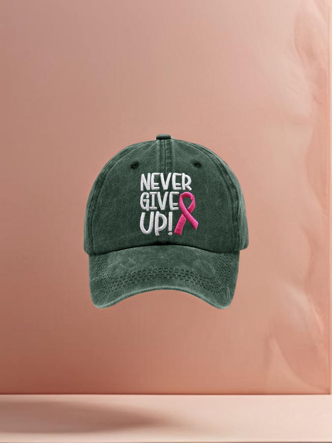 Never Give Up Rosa Ribbon Conciencia del Cáncer de Mama Imprimir Gorra de Béisbol