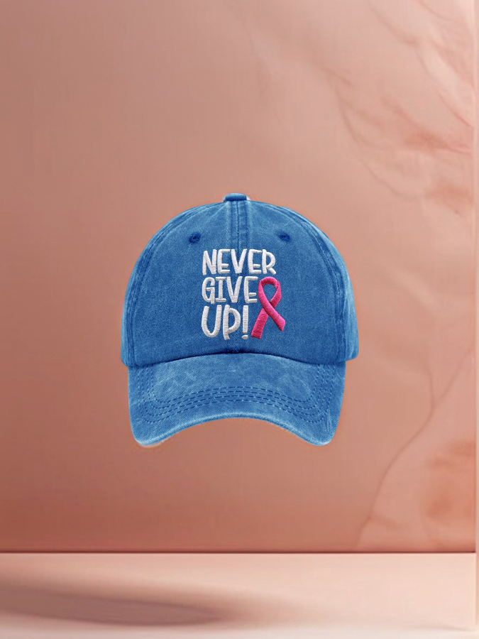 Never Give Up Rosa Ribbon Conciencia del Cáncer de Mama Imprimir Gorra de Béisbol