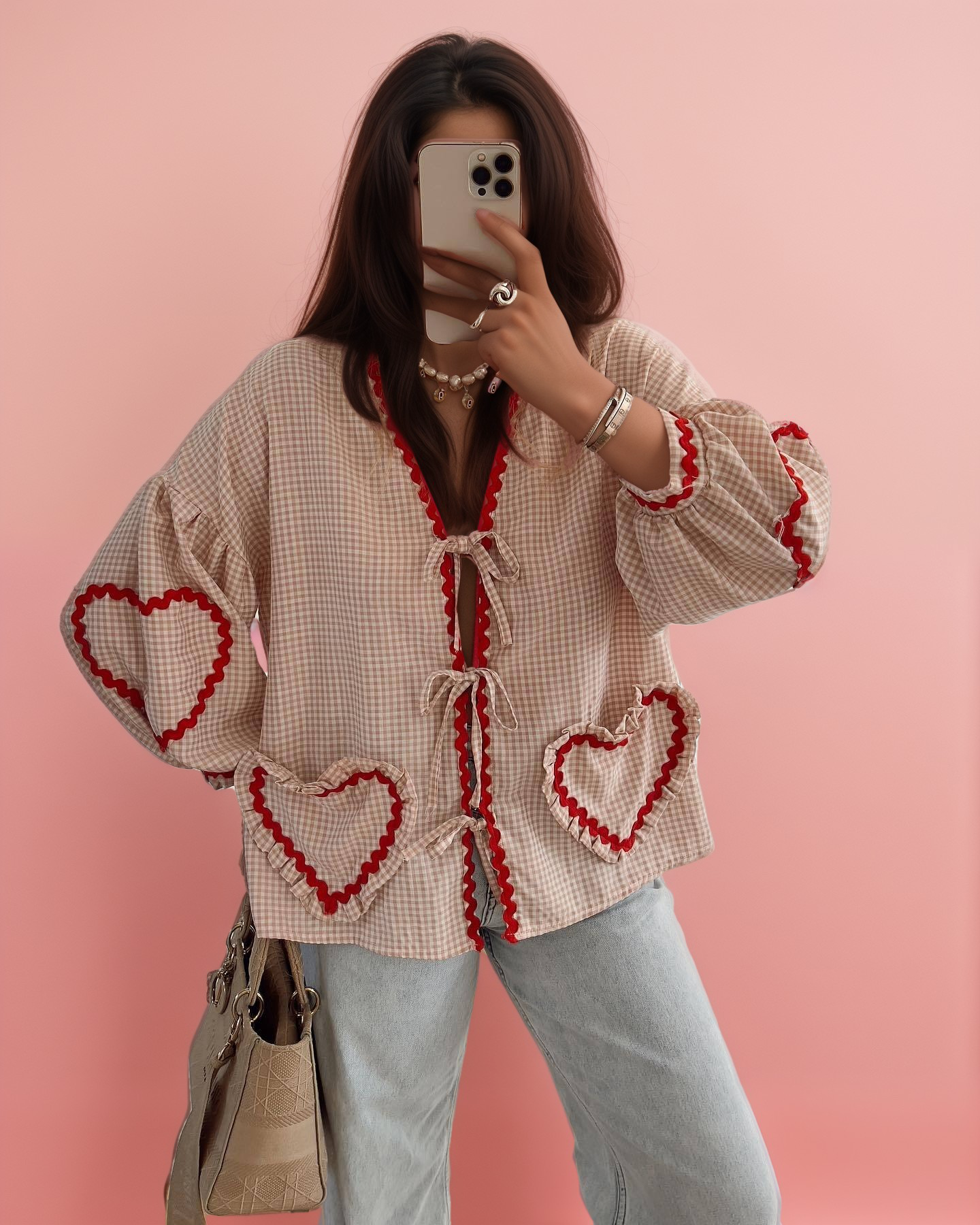 Blusa Corazón de Lino con Mangas Anchas y Lazos